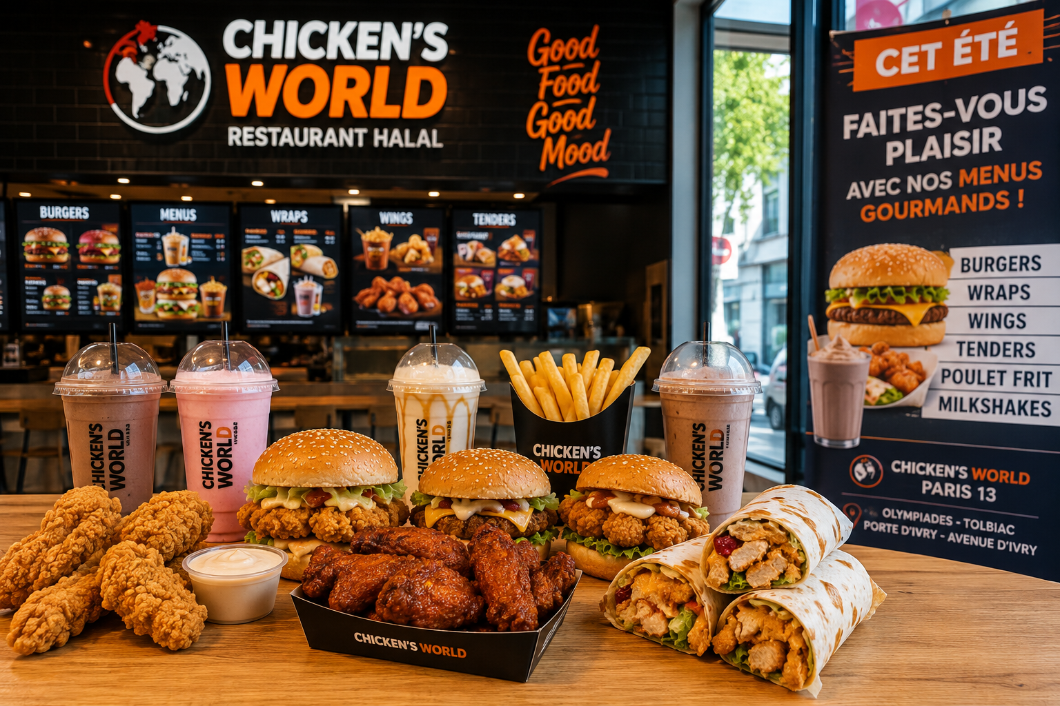 Menus halal gourmands chez Chicken’s World Paris 13 avec burgers, poulet croustillant, wraps, wings, tenders, frites et milkshakes près d’Olympiades, Tolbiac et Porte d’Ivry.