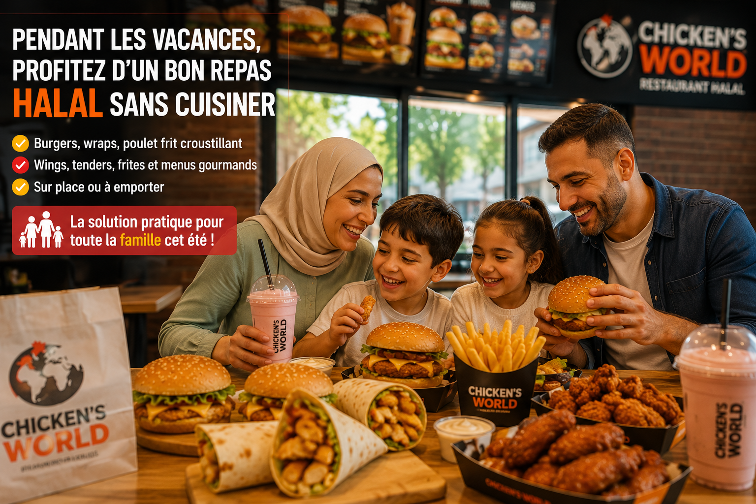 Pendant les vacances, profitez d’un bon repas halal sans cuisiner  Les vacances, c’est le moment de souffler un peu. Les enfants sont à la maison, les journées sont chargées, il fait chaud, et parfois on n’a pas envie de préparer un repas complet.  Chez Chicken’s World, vous pouvez venir manger sur place ou prendre à emporter un repas halal qui fait plaisir à tout le monde : burgers, wraps, poulet frit croustillant, wings, tenders, frites et menus gourmands.  C’est une solution pratique pour les familles qui veulent manger rapidement, pour les jeunes qui cherchent un bon fast-food halal, et pour toutes les personnes qui veulent se faire plaisir pendant l’été.