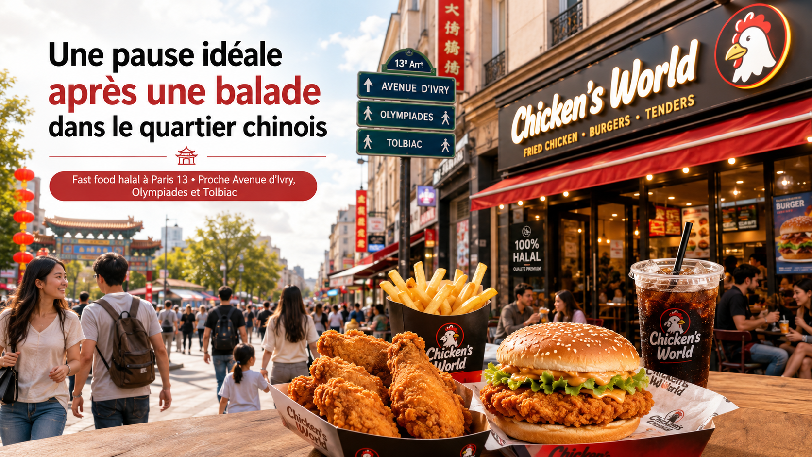 Pause halal chez Chicken’s World après une balade dans le quartier chinois de Paris 13, près d’Avenue d’Ivry, Olympiades et Tolbiac, avec burger halal, poulet frit, frites et boisson.
