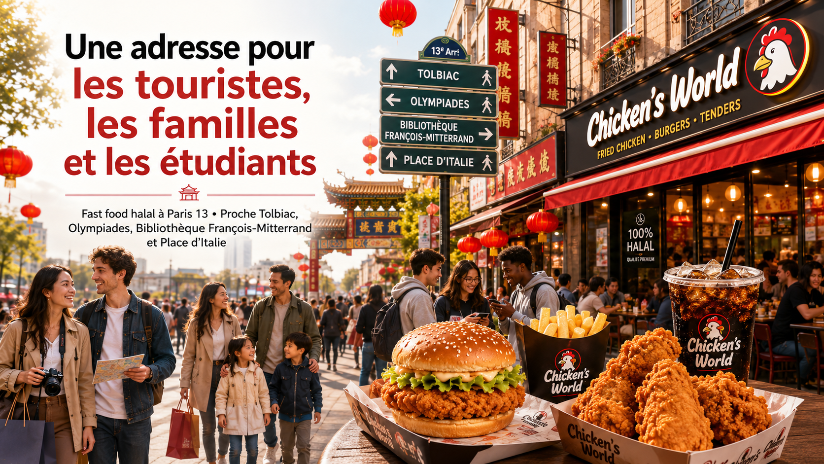 Chicken’s World Paris 13, fast food halal près de Tolbiac, Olympiades, Bibliothèque François-Mitterrand et Place d’Italie, idéal pour les touristes, familles et étudiants avec burger halal, poulet frit, frites et boisson.