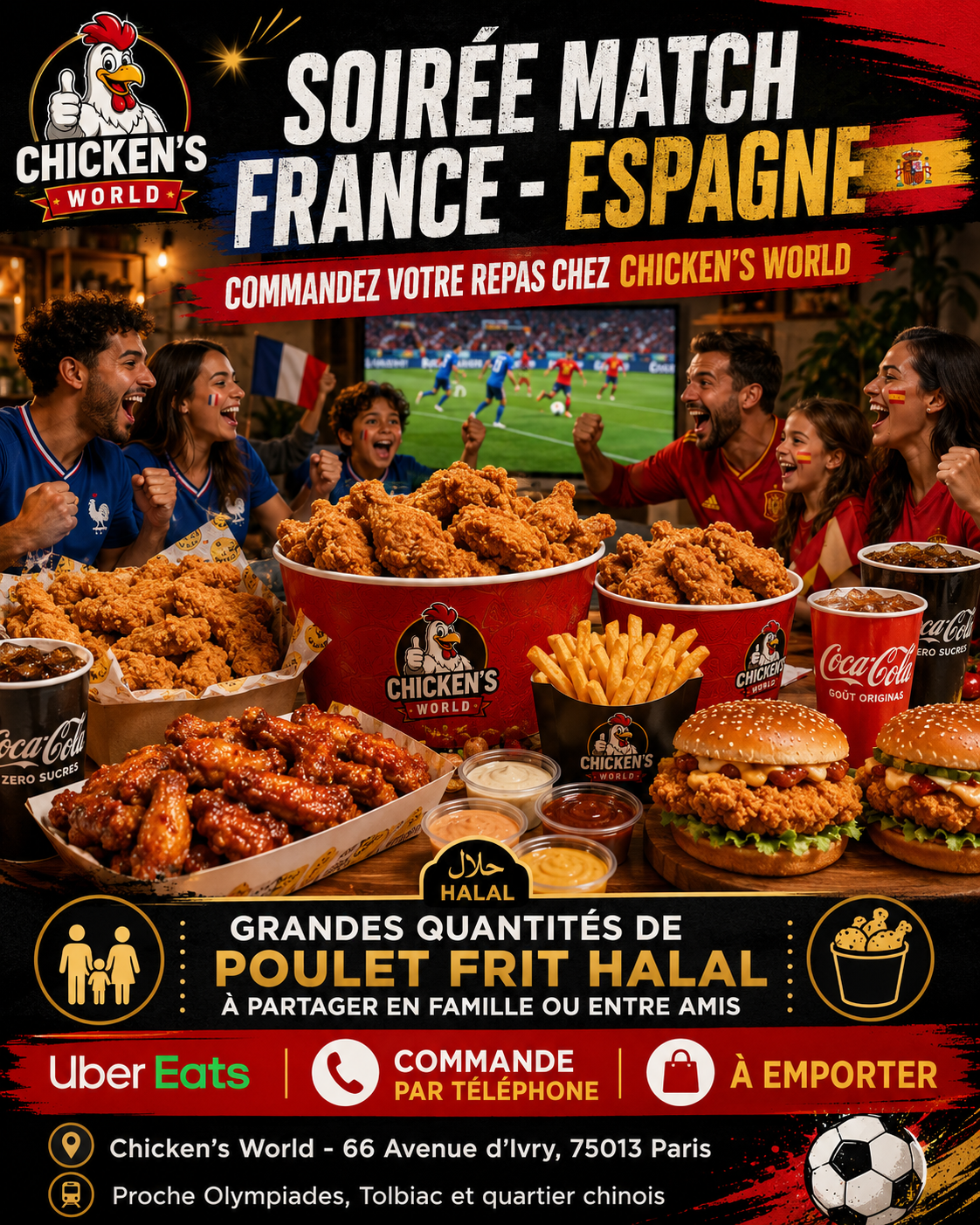 14 juillet et soirée France – Espagne : commandez votre repas halal chez Chicken’s World Paris 13. Poulet frit halal, wings, tenders, burgers et grandes quantités à partager en famille ou entre amis.