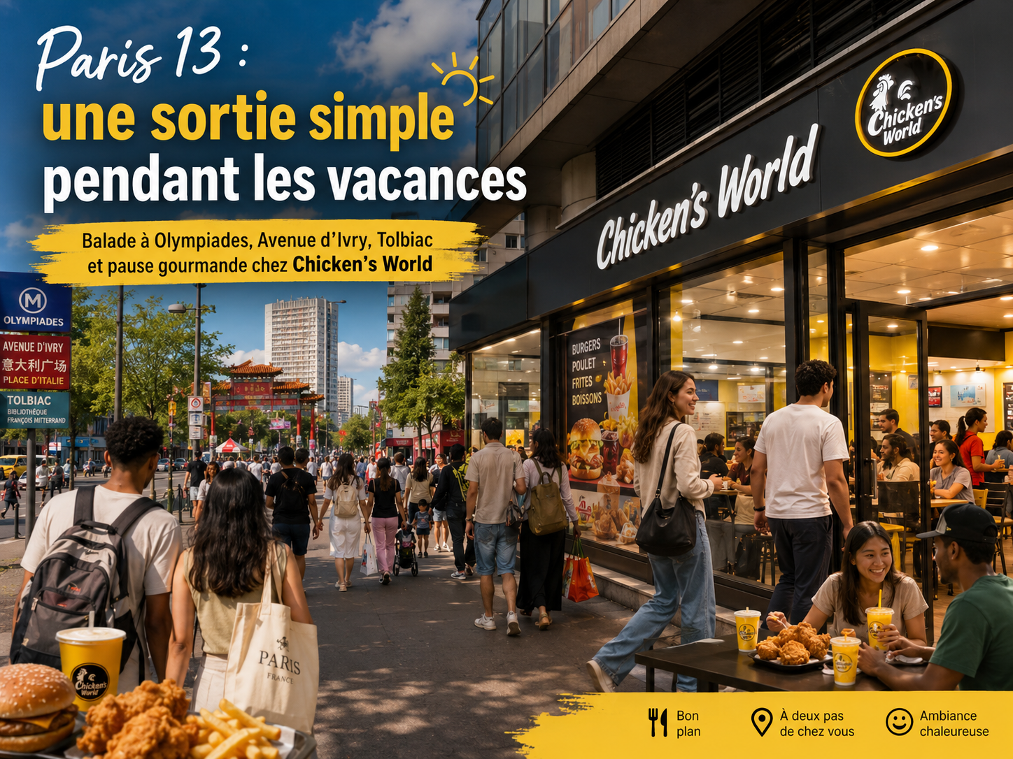Paris 13 pendant les vacances, avec balade près d’Olympiades, Avenue d’Ivry, Tolbiac et quartier chinois, puis pause gourmande chez Chicken’s World, restaurant halal à Paris 13 proposant poulet frit halal, burgers, wings et tenders. Paris 13 pendant les vacances, avec balade près d’Olympiades, Avenue d’Ivry, Tolbiac et quartier chinois, puis pause gourmande chez Chicken’s World, restaurant halal à Paris 13 proposant poulet frit halal, burgers, wings et tenders.