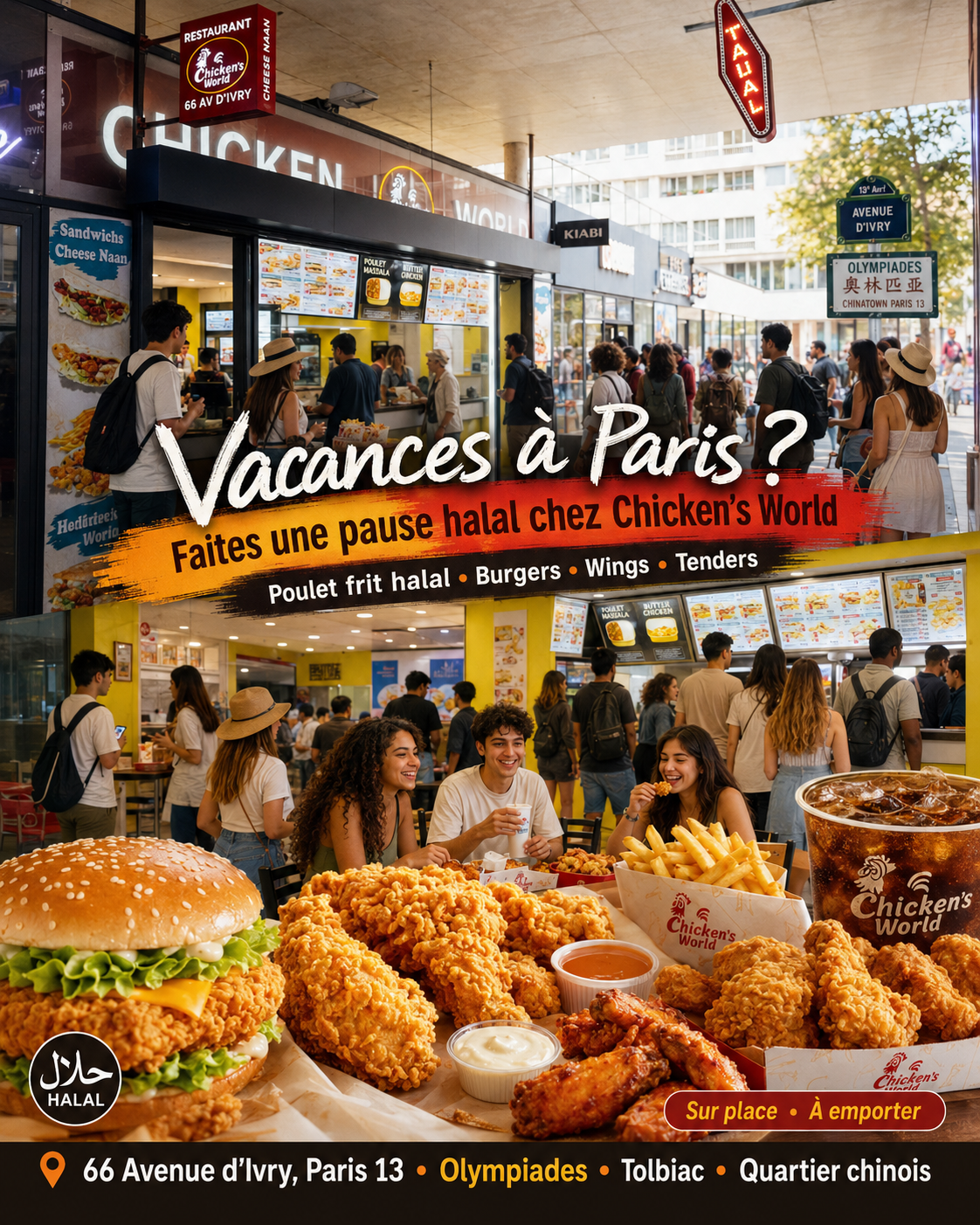Chicken’s World Paris 13, restaurant halal près d’Olympiades, Avenue d’Ivry, Tolbiac et quartier chinois, idéal quand il fait chaud à Paris avec burgers halal, poulet frit, plats indiens et Uber Eats. Chicken’s World Paris 13, restaurant halal près d’Olympiades, Avenue d’Ivry, Tolbiac et quartier chinois, idéal quand il fait chaud à Paris avec burgers halal, poulet frit, plats indiens et Uber Eats.