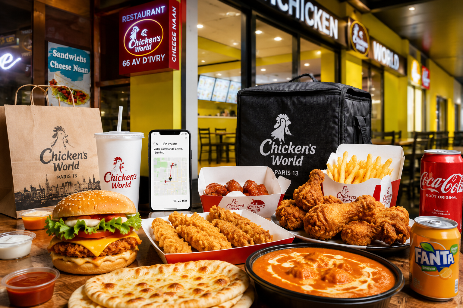 Chicken’s World Paris 13, restaurant halal sur la dalle des Olympiades avec burgers halal, poulet frit halal, cheese naan, butter chicken, frites et livraison Uber Eats près d’Avenue d’Ivry et Tolbiac. Chicken’s World Paris 13, restaurant halal sur la dalle des Olympiades avec burgers halal, poulet frit halal, cheese naan, butter chicken, frites et livraison Uber Eats près d’Avenue d’Ivry et Tolbiac.