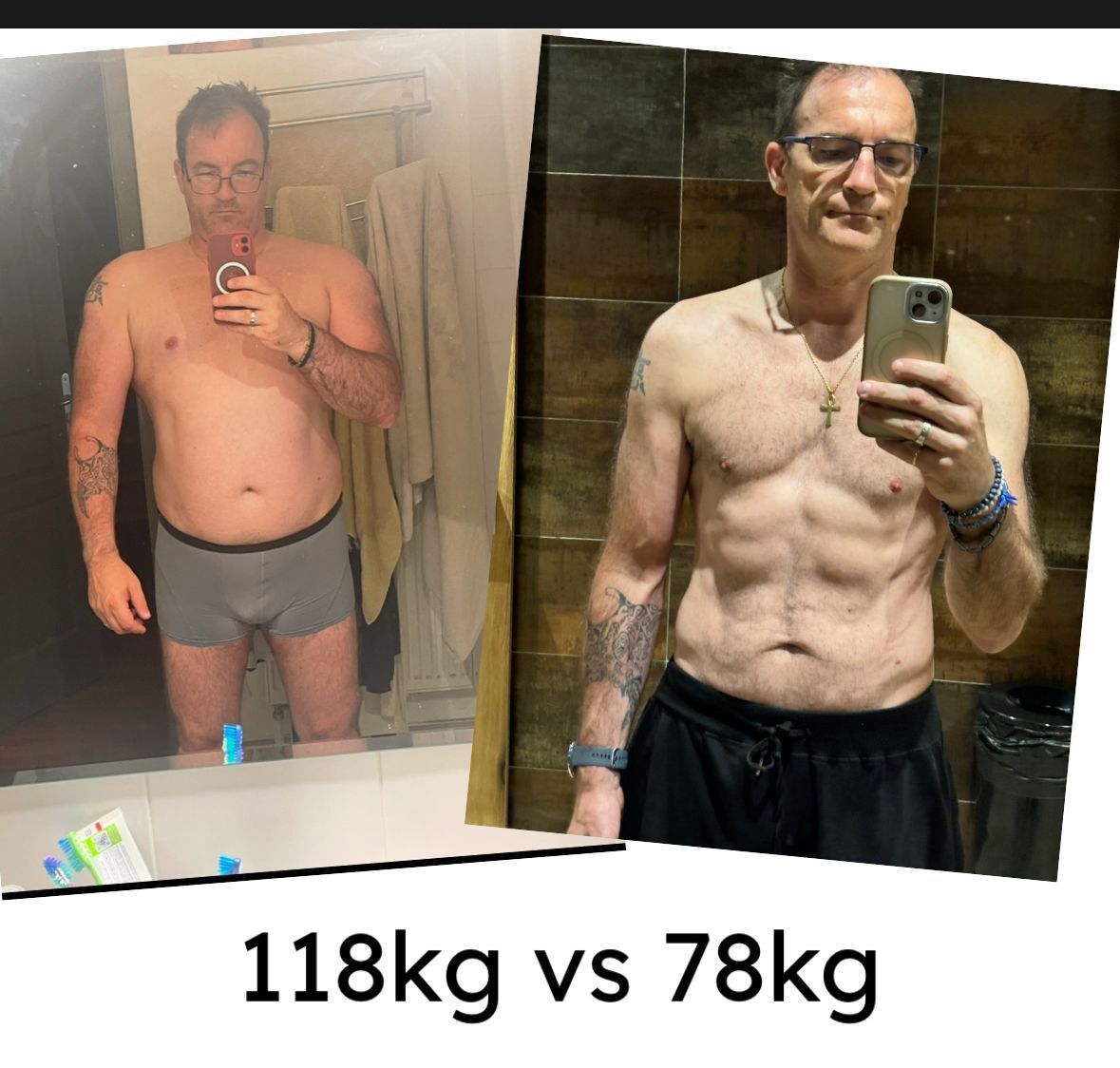 Transformation avant / après — 118 kg vs 78 kg