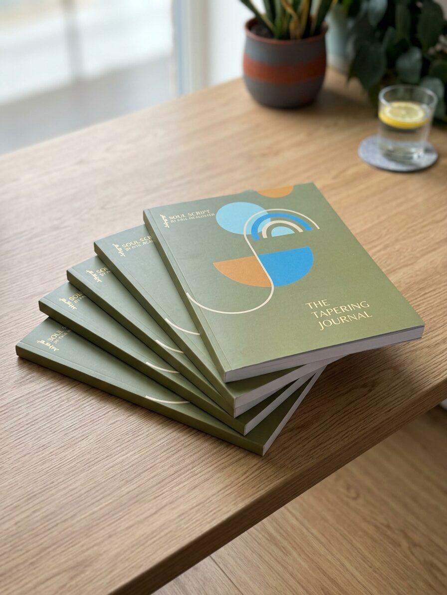 Stack of The Tapering Journal, a medication tapering journal by pharmacist Paul McAllister