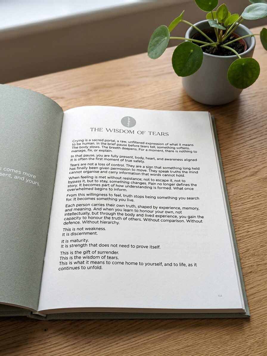 The Tapering Journal open to 'The Wisdom of Tears' reflective page, beside a plant