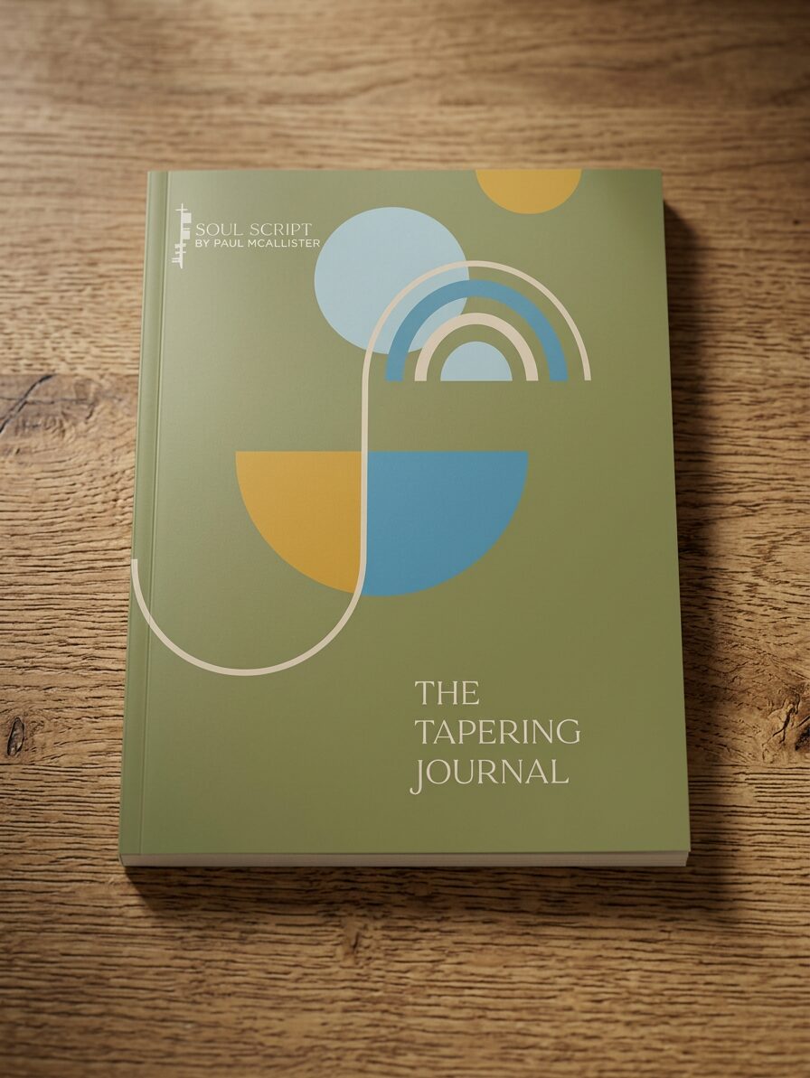 Sage-green softcover of The Tapering Journal, a guided journal for tapering off medication