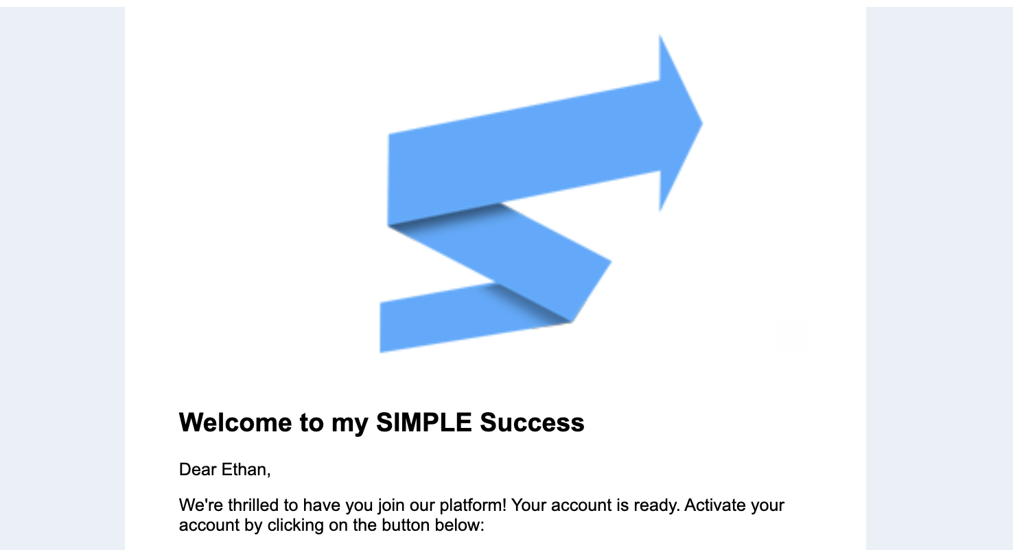 Screenshot of the Welcome to SIMPLE Success activation email
