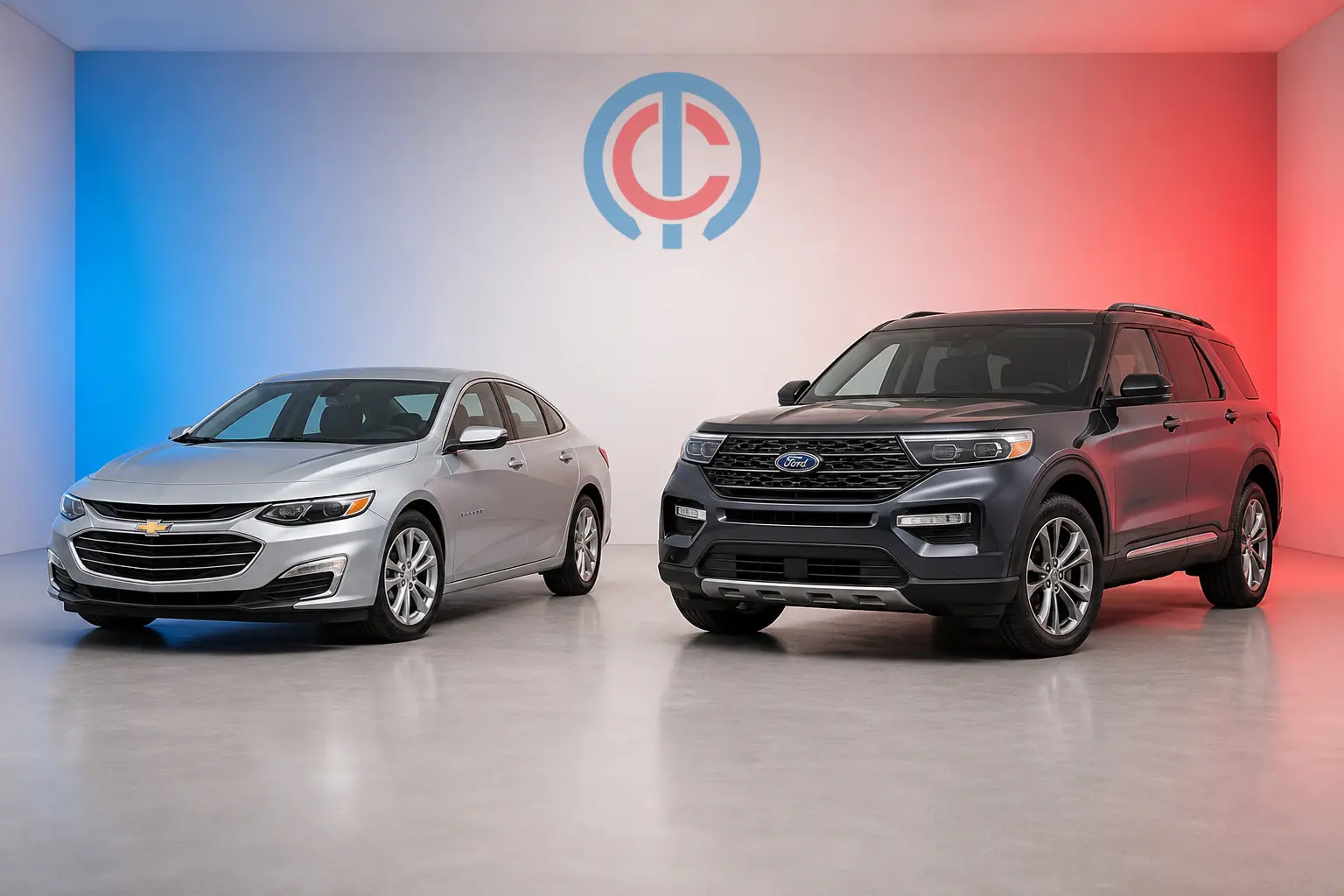Un sedán Chevrolet y una camioneta Ford en un estudio iluminado en azul y rojo bajo el logotipo de MIKO Cars