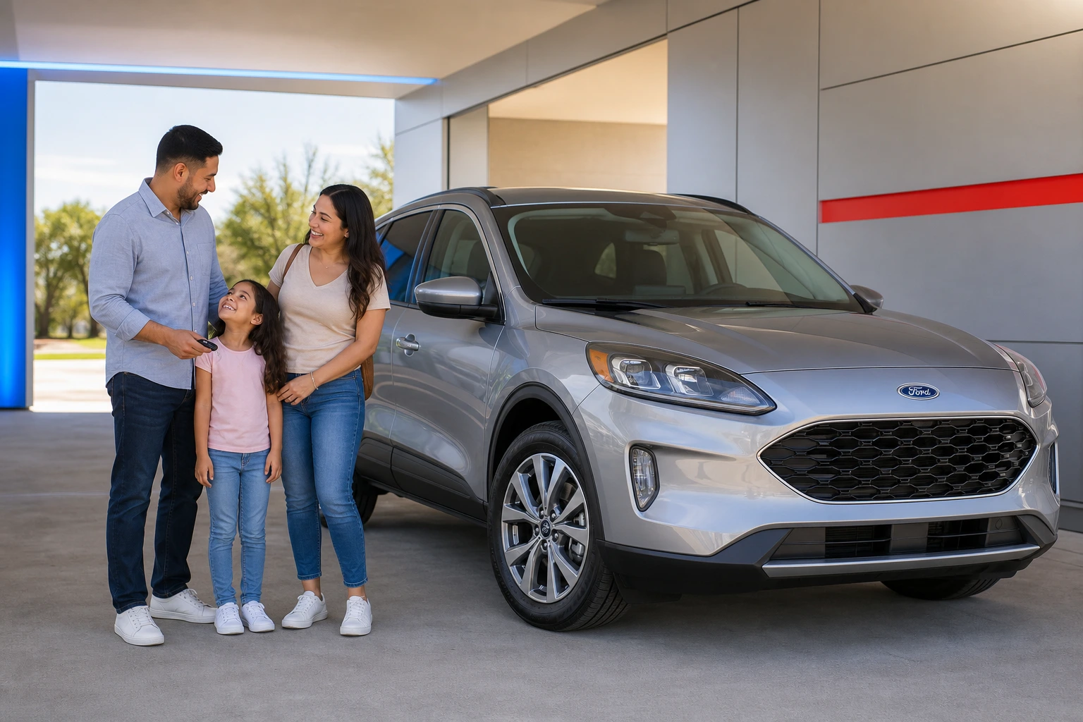 A family standing beside a silver Ford SUV at the MIKO Cars showroom entrance