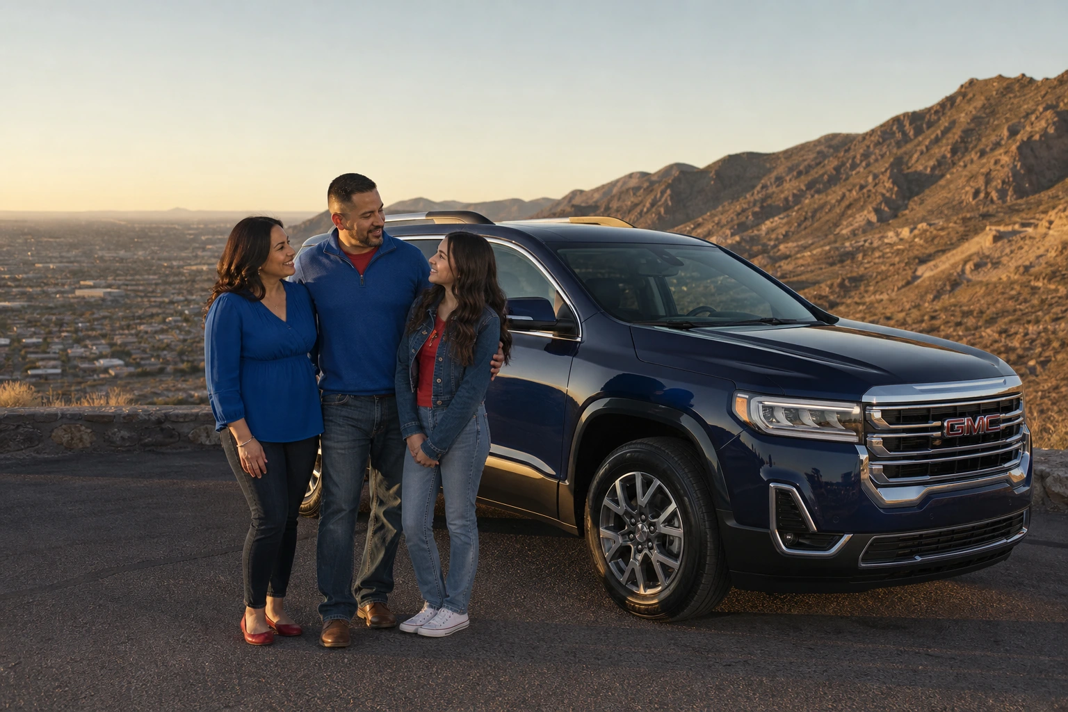 A family beside a dark blue GMC SUV at a desert overlook above El Paso at sunset