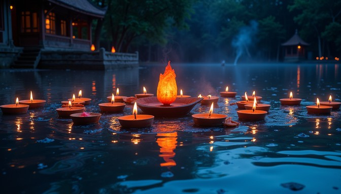 Floating candles on water at dusk — sacred ceremony