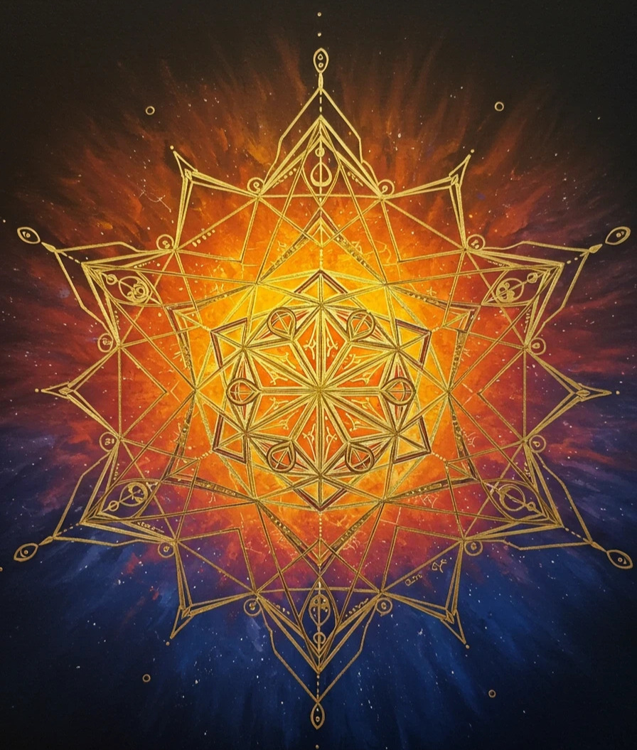Sacred geometry mandala painting — gold on dark cosmic background