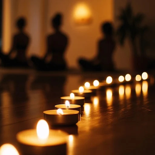 Tea light candles in a row with meditating silhouettes