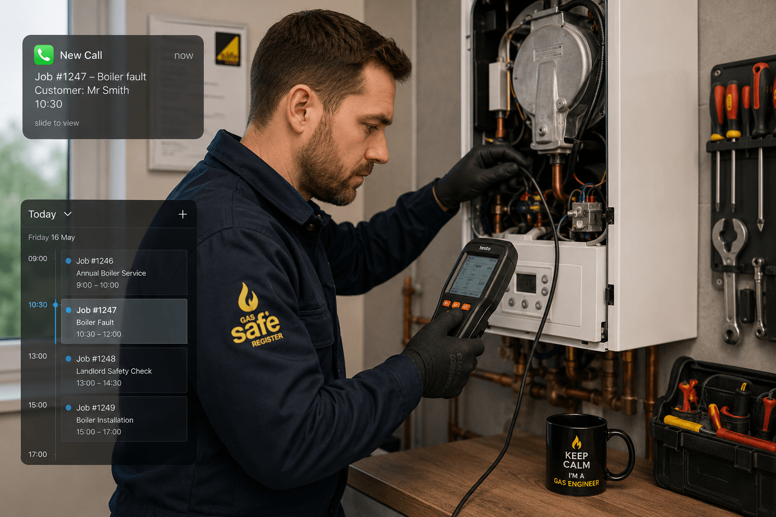 Gas Safe registered engineer using a diagnostic tool on a boiler with overlaid digital job notifications — incoming call showing Job 1247 boiler fault from Mr Smith, alongside a full day schedule of boiler service, safety check, and installation jobs — illustrating how Booked automatically captures and organises job enquiries