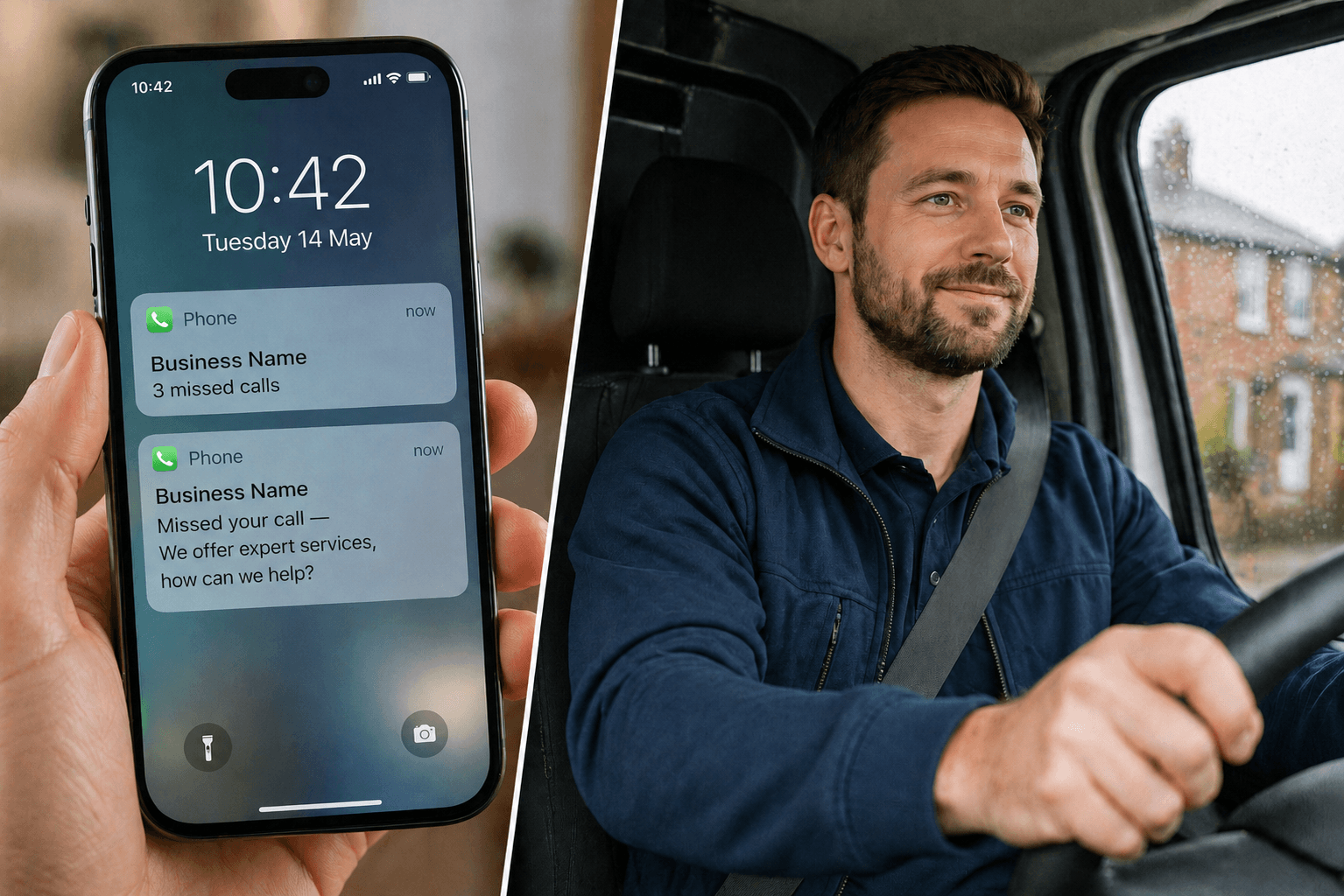 Split image showing a gas engineer driving his van confidently while his automated system sends a missed call text back to a customer — customer's phone shows the message: missed your call, we offer expert services, how can we help