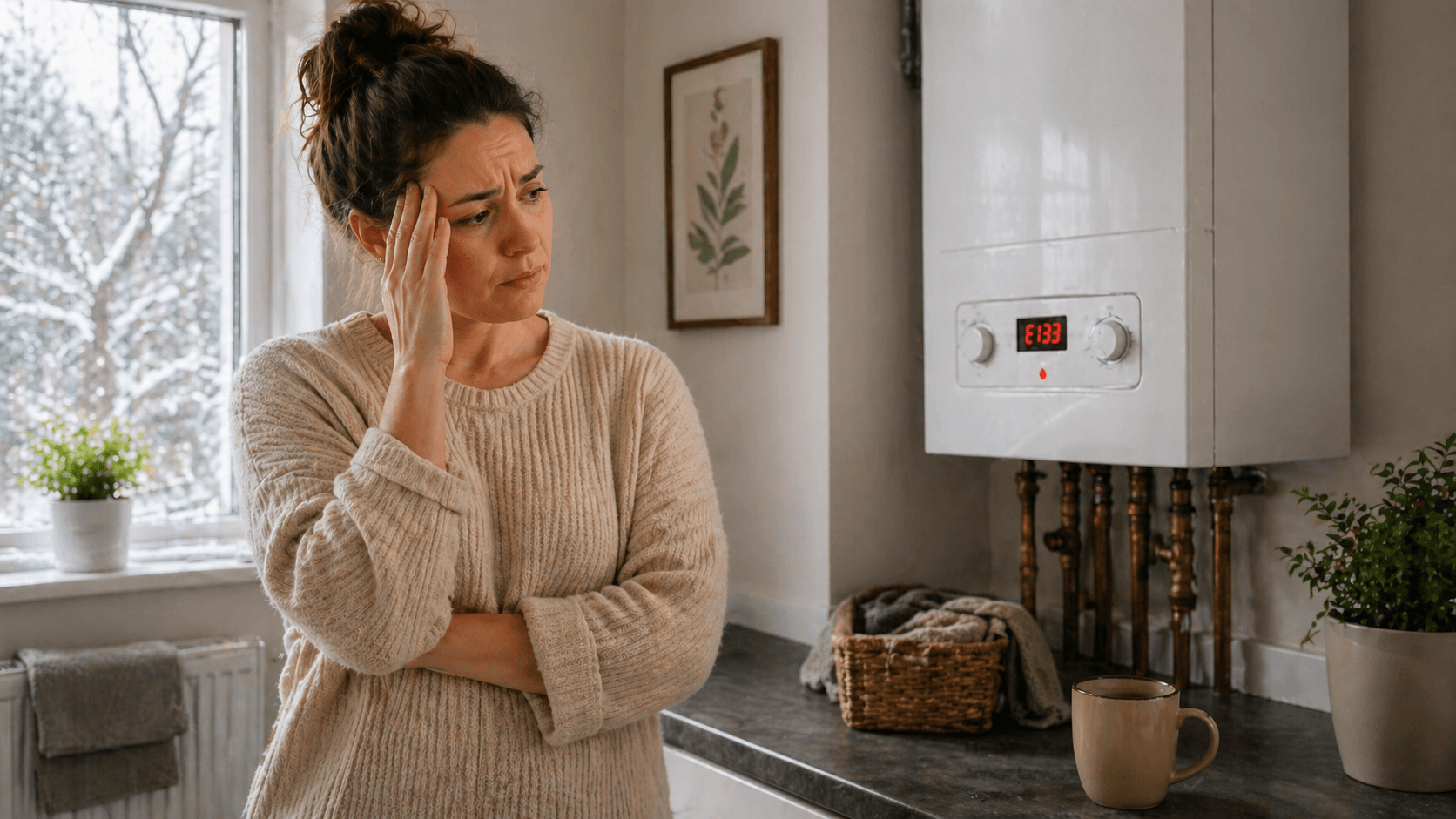 Stressed West Midlands woman in her thirties standing in her kitchen next to a boiler showing a red fault light — showing why gas engineers need to respond to missed calls immediately before the homeowner calls someone else
