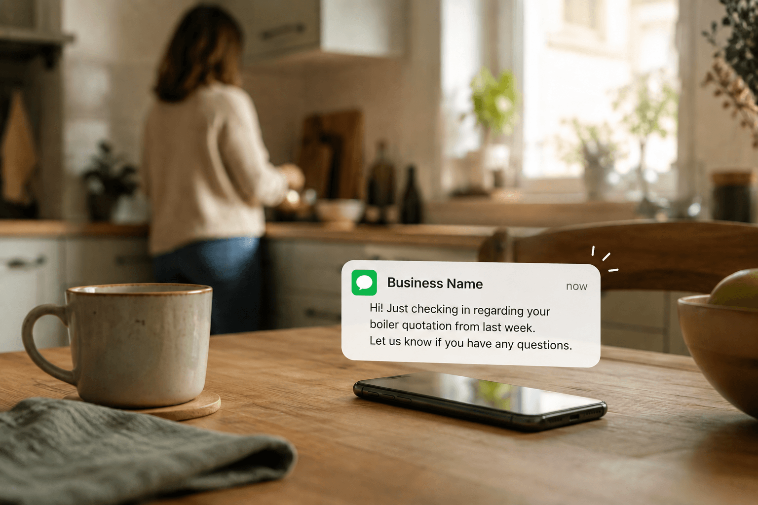 Kitchen scene showing a smartphone on a table with an automated follow-up text message notification from a gas engineering business — illustrating how Booked automatically re-engages leads that have gone quiet with a professionally timed message