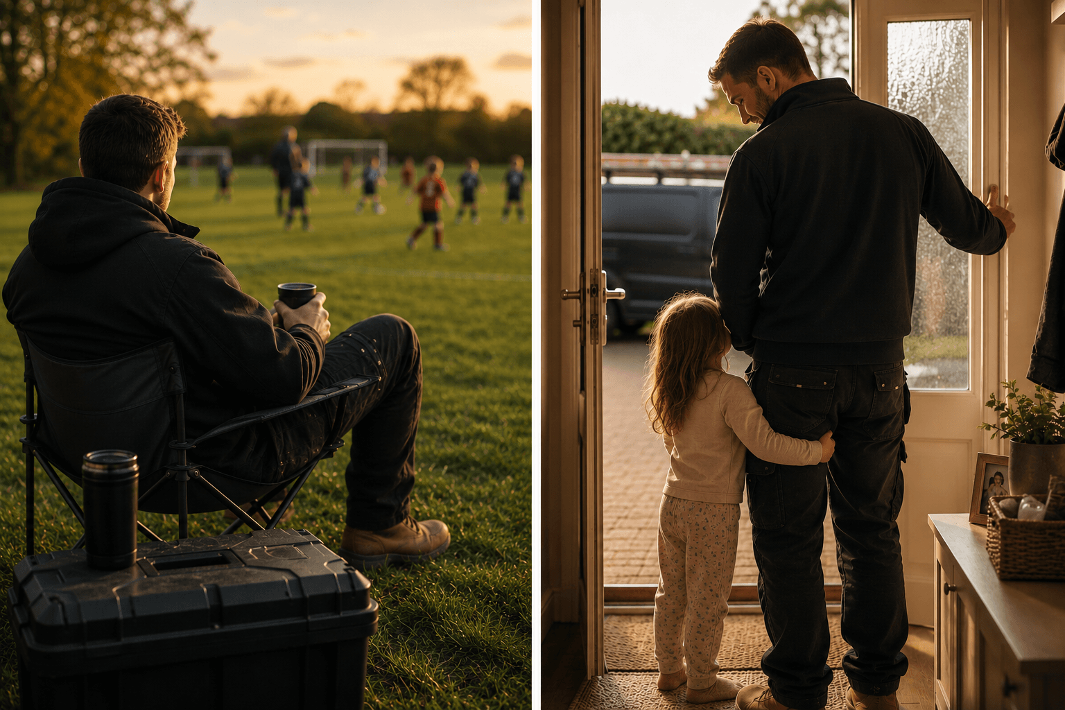 Split image showing a gas engineer enjoying family time — left: sitting in a camping chair watching his young son's football match, right: arriving home from work as his daughter runs to hug him — showing how Booked works automatically in the background so engineers never miss what matters