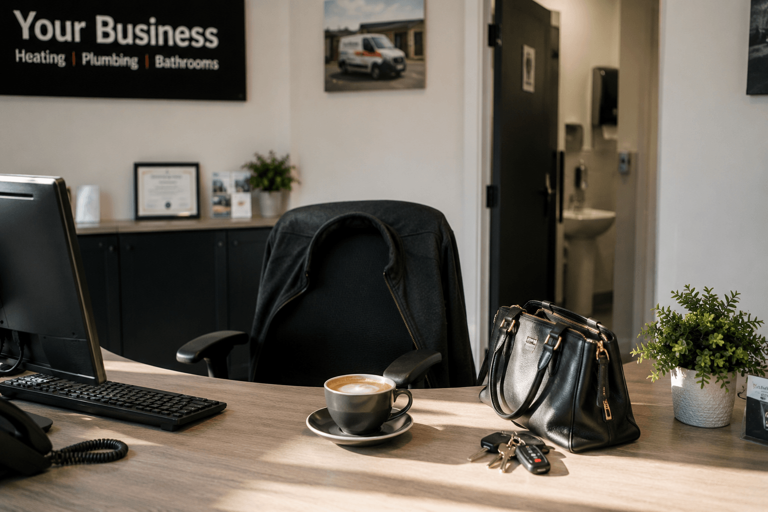 Empty receptionist desk in a small gas engineering office with heating and plumbing signage — hot coffee, handbag and keys on the desk show the receptionist has just stepped away, illustrating how Booked catches missed enquiries even when your team briefly can't be there