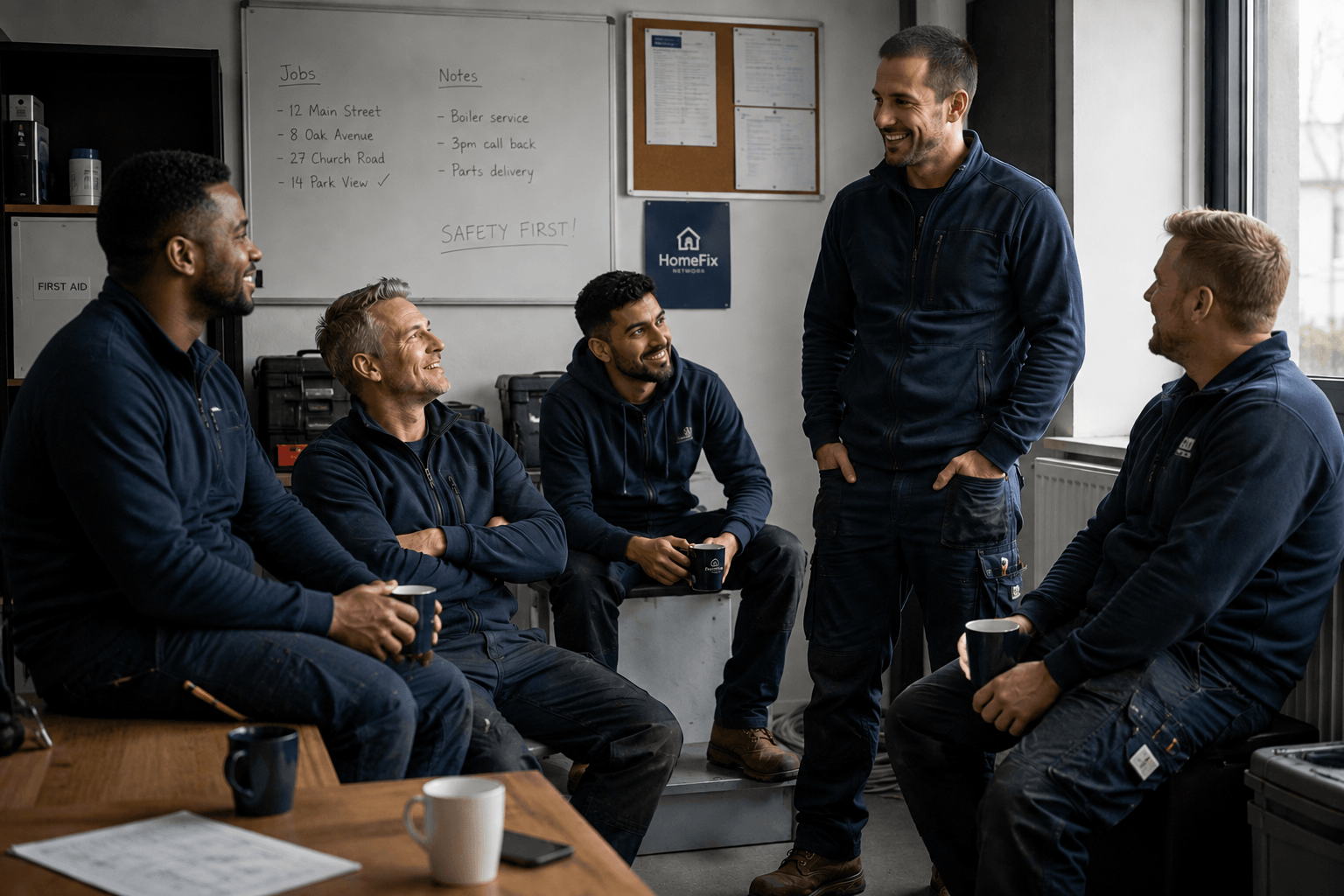 Five gas engineers in work uniforms having a relaxed team conversation in a fleet office — smiling, drinking tea and coffee, with job boards, toolboxes and a first aid box in the background, representing authentic trade communication