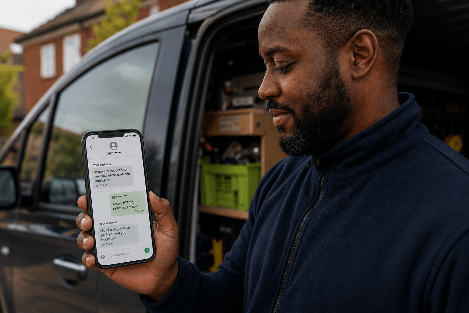 Gas engineer standing by his van smiling at his phone showing an automated text conversation — customer has replied with their name, postcode and boiler issue, with Booked handling the initial enquiry automatically