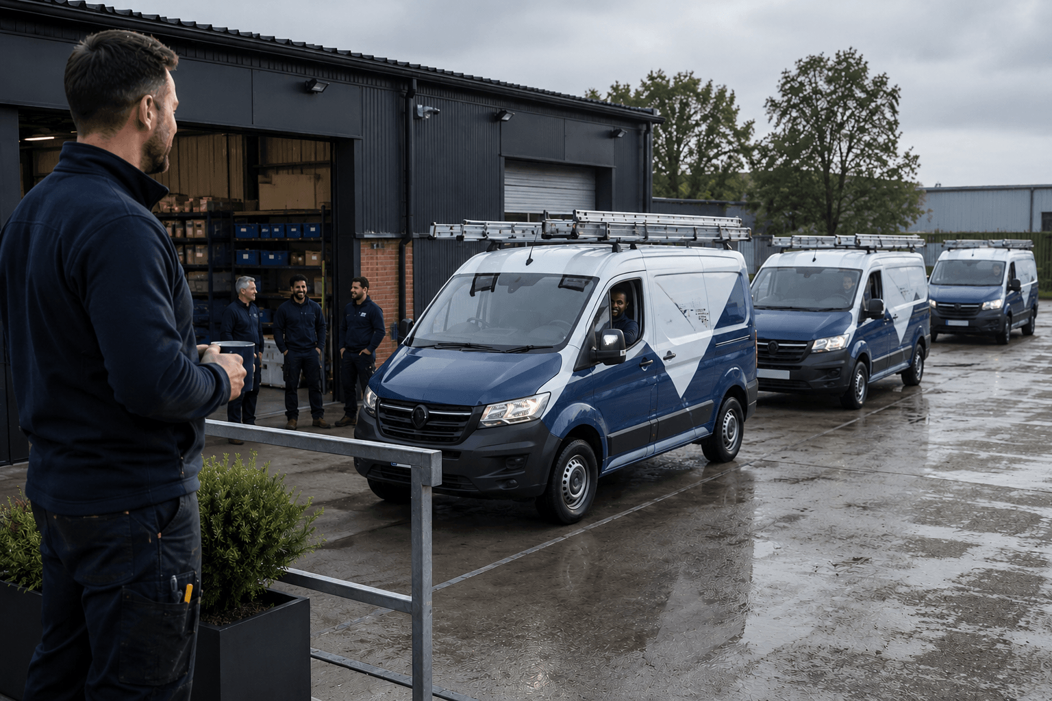 Established gas engineering business owner standing calmly with a coffee mug watching several branded vans leave the yard — representing a business that runs smoothly through reliable systems without the owner needing to manage every detail
