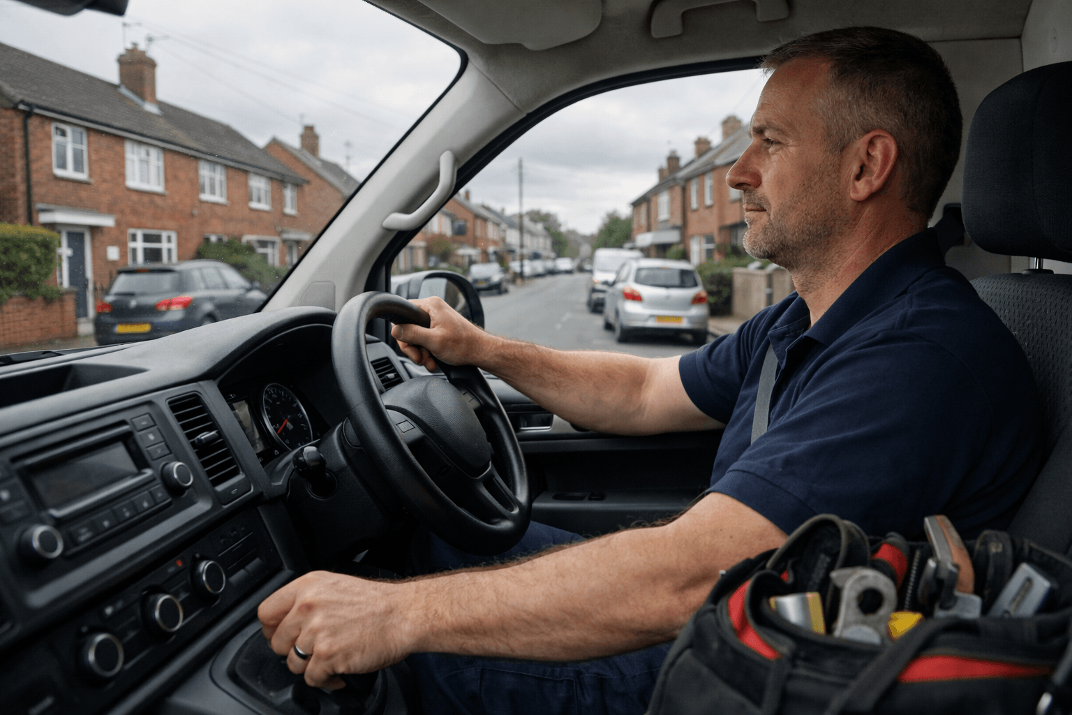 Gas engineer driving his work van through a residential street in the West Midlands — tradesperson in a navy polo shirt at the wheel with a tool bag on the passenger seat, representing a busy heating engineer heading to the next job