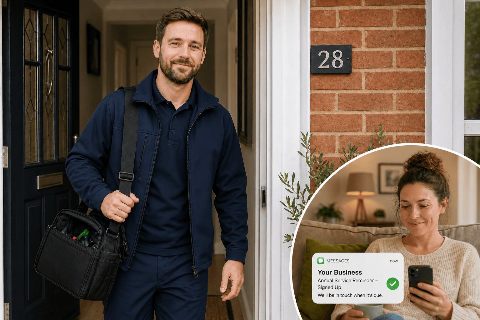 Split image showing a gas engineer in dark blue uniform leaving a customer's red brick home with tool bag over shoulder — circular inset shows a female customer sitting on her sofa smiling at her phone which displays an annual service reminder confirmation message, illustrating how HomeFix Network's Repeat service automatically keeps past customers connected after every job