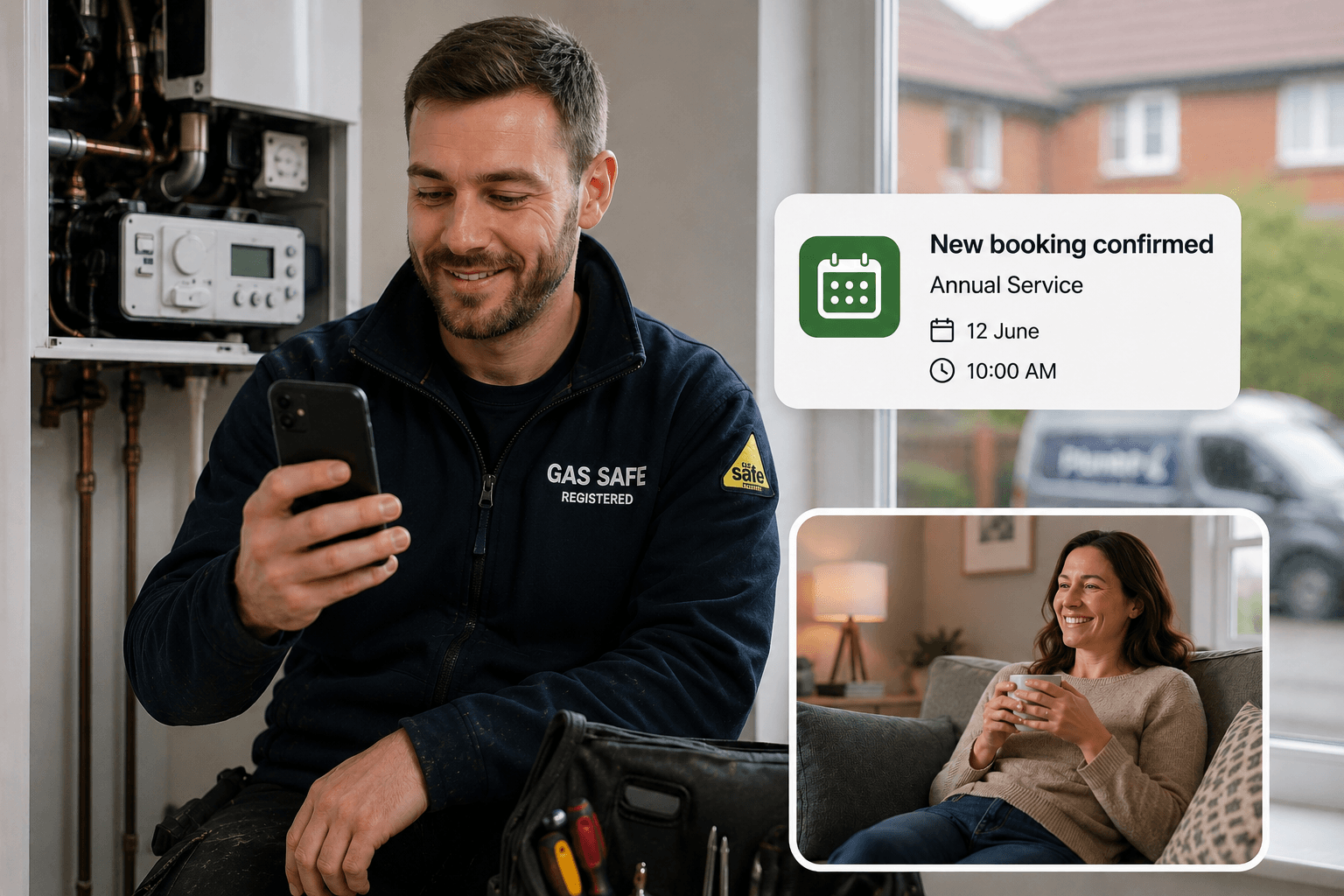 Gas Safe registered engineer smiling at his phone next to a boiler showing a new booking confirmation notification for an annual service on 12 June — circular inset shows a happy female homeowner relaxing on her sofa with a mug, illustrating how HomeFix Network's Repeat service sends automatic annual service reminders that bring customers back without the engineer having to chase