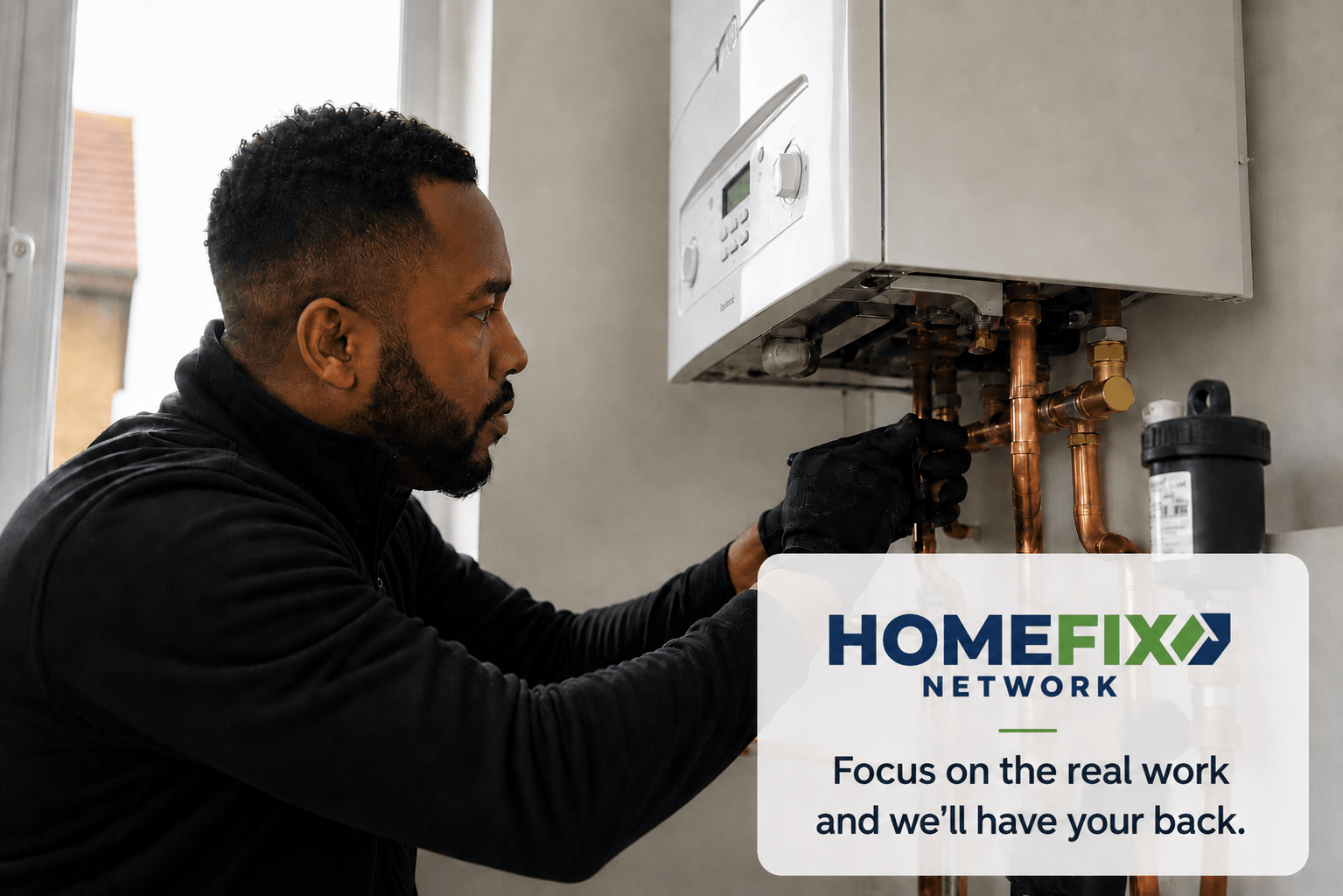 HomeFix Network Repeat service — gas engineer in black uniform carefully servicing copper pipework on a Vaillant boiler in a customer's home, with overlay text reading: Focus on the real work and we'll have your back, representing how Repeat handles reviews and reminders automatically while engineers get on with the job