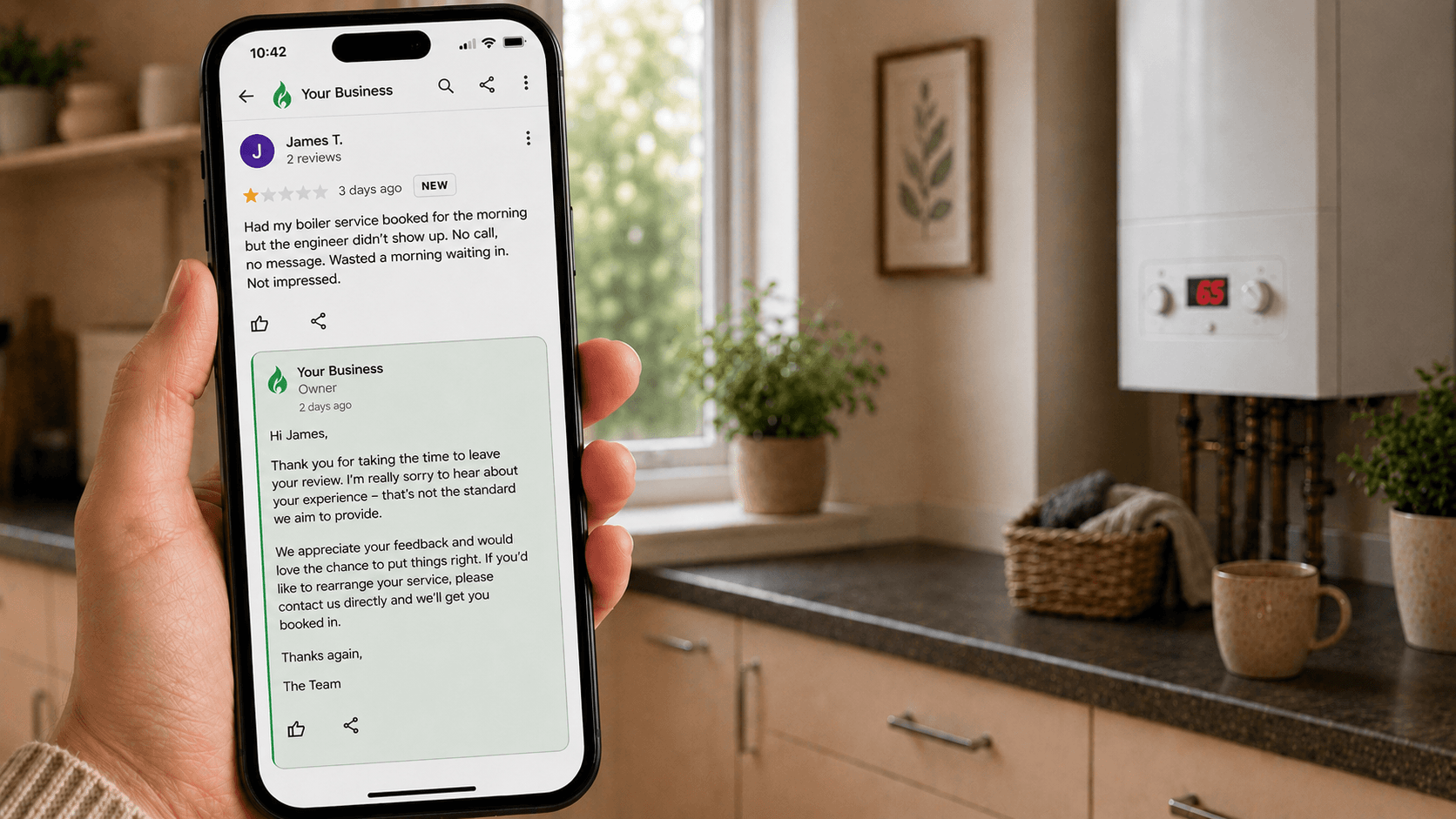 Close-up of a hand holding a smartphone in a kitchen with a boiler on the wall — screen shows a 1-star Google review from James T. complaining about a missed boiler service appointment, with a calm and professional owner response posted below offering to rebook and put things right — illustrating how HomeFix Network's Repeat service handles negative reviews professionally to protect a gas engineer's reputation
