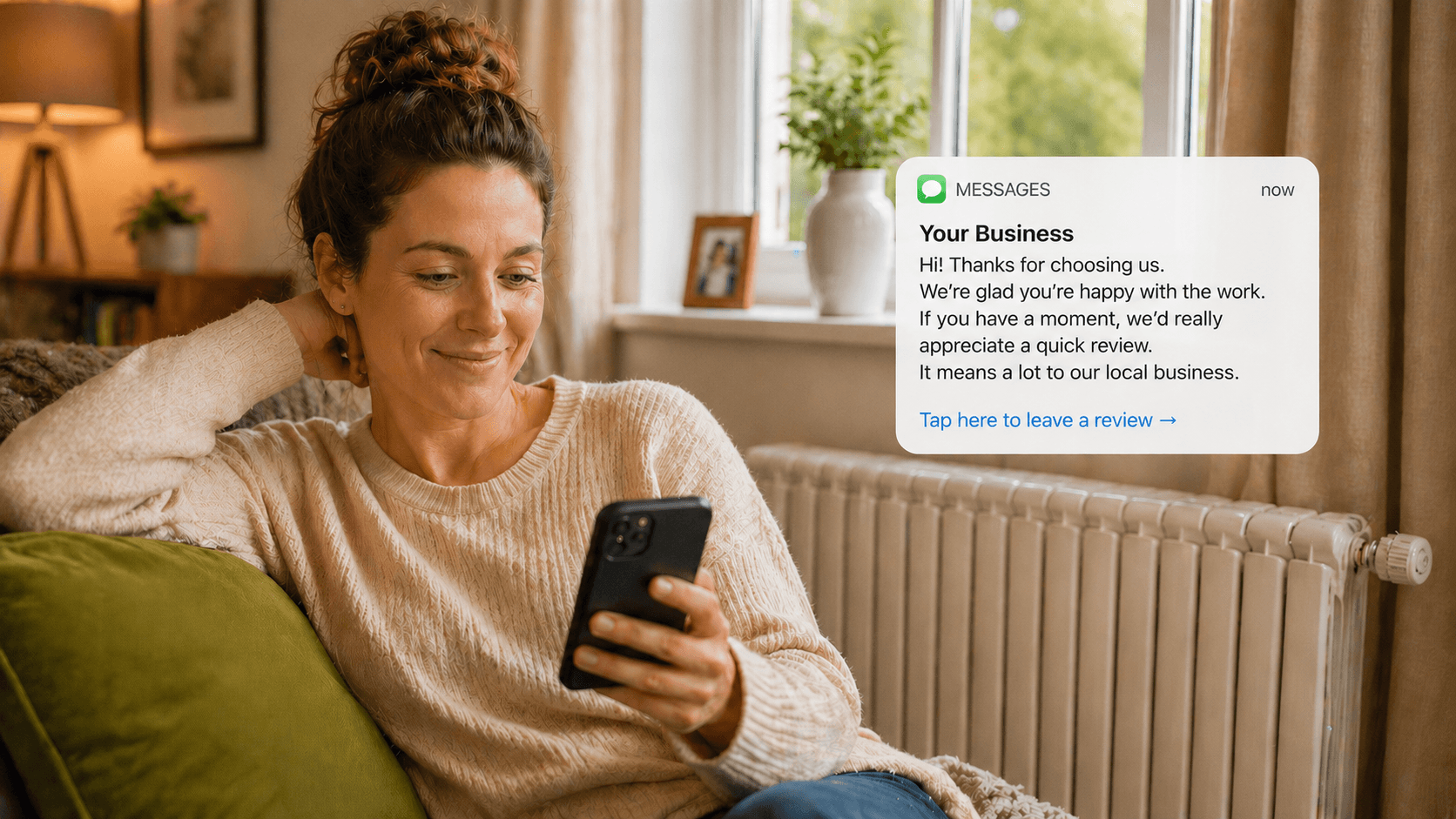 Happy female customer relaxing on her sofa at home, smiling at her smartphone which shows an automated review request SMS from her gas engineer — message reads: Thanks for choosing us, we'd really appreciate a quick review, it means a lot to our local business — illustrating how HomeFix Network's Repeat service automatically requests Google reviews after every completed job