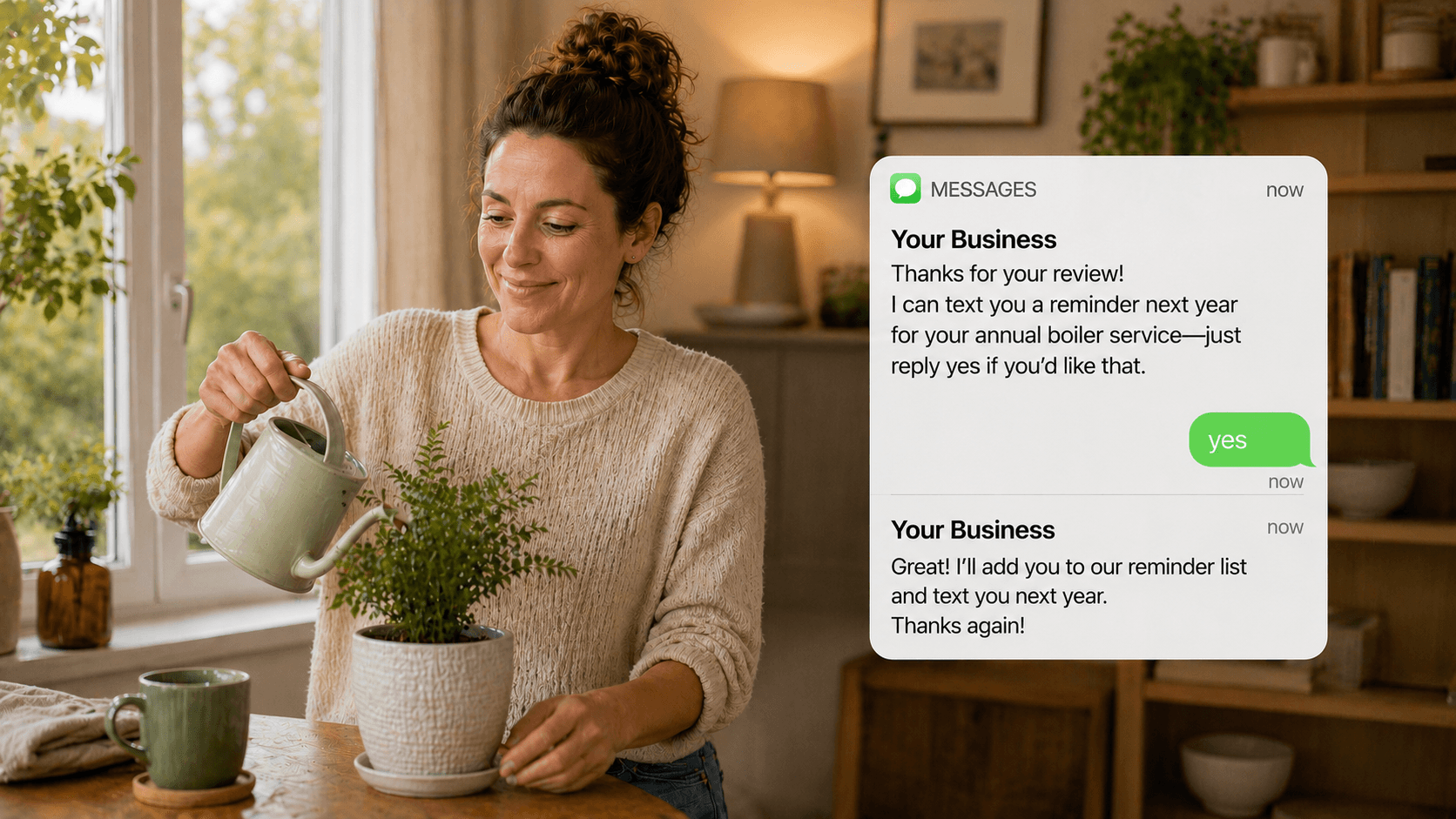 Female homeowner watering a plant at home while a text message exchange overlay shows her replying yes to an annual boiler service reminder opt-in from her gas engineer — business message reads: I can text you a reminder next year for your annual boiler service, just reply yes if you'd like that — illustrating how HomeFix Network's Repeat service collects GDPR-compliant customer consent automatically after every job