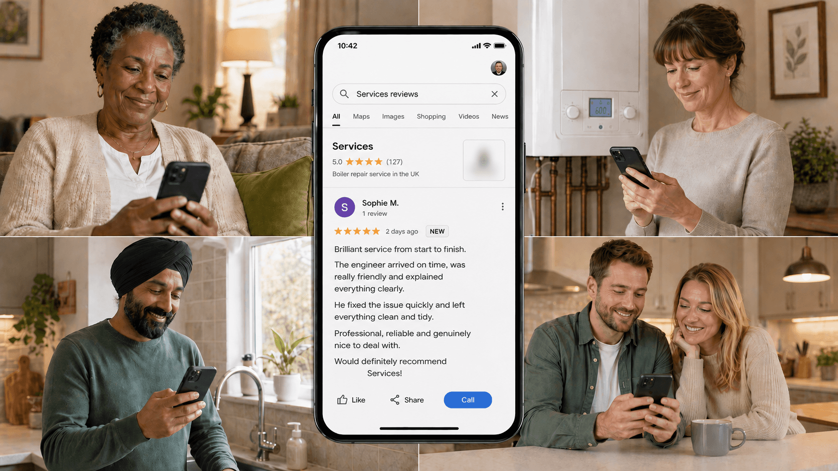 Collage of four homeowners in their homes reading Google reviews on their phones — central smartphone screen shows a 5-star boiler repair service with 127 reviews and a glowing customer review from Sophie M. — surrounding scenes show an older woman on a sofa, a woman standing by her boiler, a man in his kitchen, and a couple at their kitchen table, all engaged with reviews — illustrating the real-world impact of HomeFix Network's Repeat service on a gas engineer's online reputation