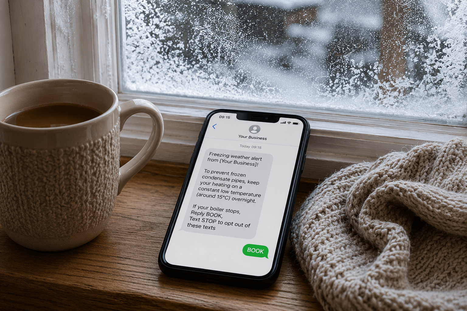 Cosy winter indoor scene showing a smartphone on a frosted windowsill beside a knitted mug and woolly scarf — phone screen displays a seasonal SMS alert from a gas engineer reading: Freezing weather alert, to prevent frozen condensate pipes keep your heating on a constant low temperature of 15 degrees overnight, with the customer replying BOOK — illustrating how HomeFix Network's Repeat service sends timely seasonal reminders that bring past customers back at exactly the right moment
