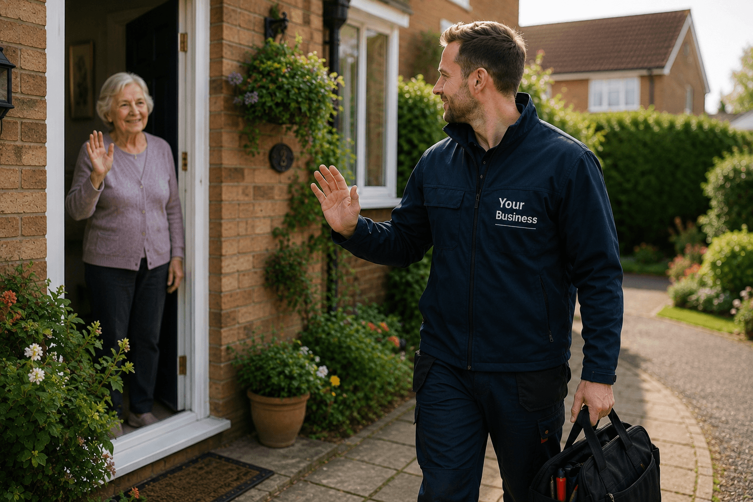 New gas engineer in navy uniform walking away down a garden path with toolbox in hand, giving a shy wave goodbye — elderly female customer stands smiling and waving warmly from her doorway surrounded by potted plants — a happy job with no review request made, illustrating the missed opportunity that HomeFix Network's Repeat service solves by automatically sending a review request after every completed job