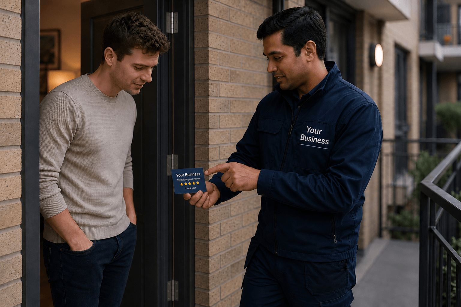 Experienced gas engineer in navy uniform standing at a customer's doorstep holding a review card reading We'd love your review with five stars, while a young male homeowner looks down at it — illustrating the awkward manual approach established engineers rely on to collect reviews before HomeFix Network's Repeat service handles it automatically after every job