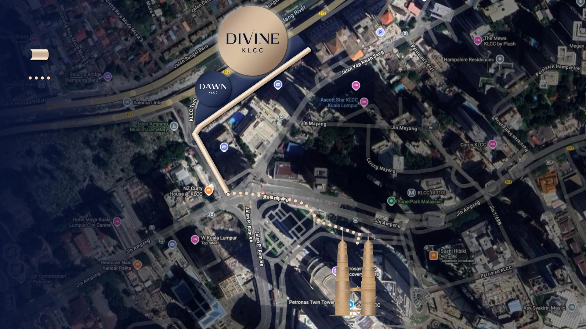 Prime location map of DIVINE KLCC on Jalan Saloma, highlighting proximity to Suria KLCC, embassies, and medical centres