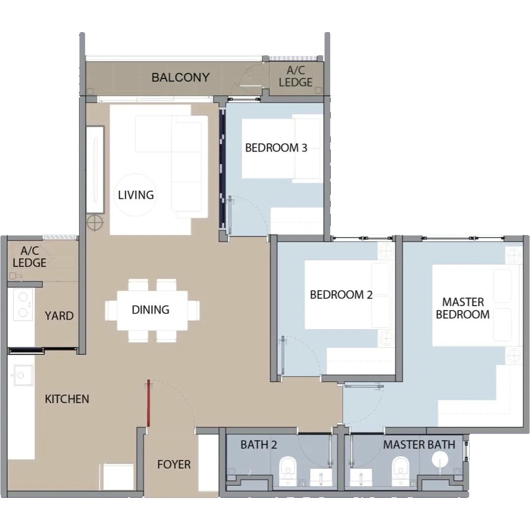 Type A layout 900 sq ft 3-bedroom floor plan Dwi Aurora Petaling Jaya