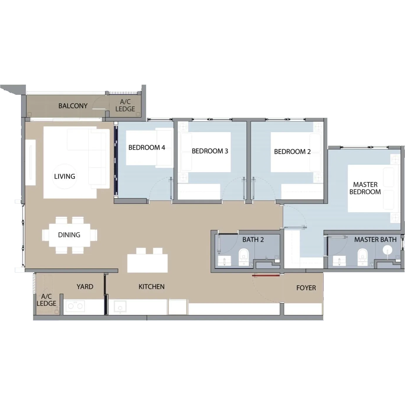 Type C 1100 sq ft 4-bedroom floor plan Dwi Aurora Surya PJ condominium