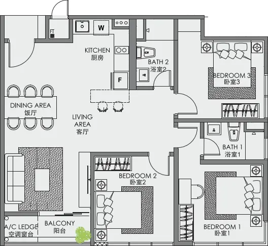 Type S1 3 Bedroom Layout 1000 sq ft with balcony Centrix KLCC
