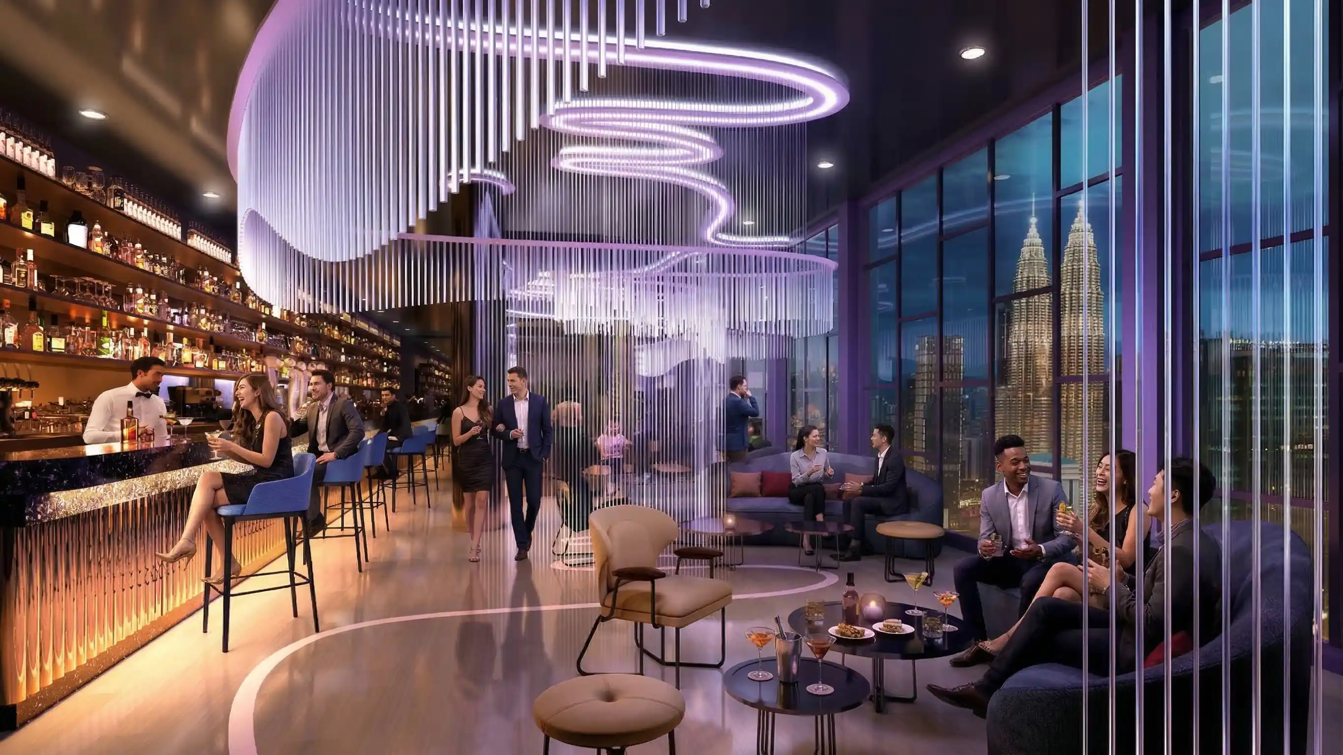 Panoramic Sky Bar facility with KLCC city skyline view at night