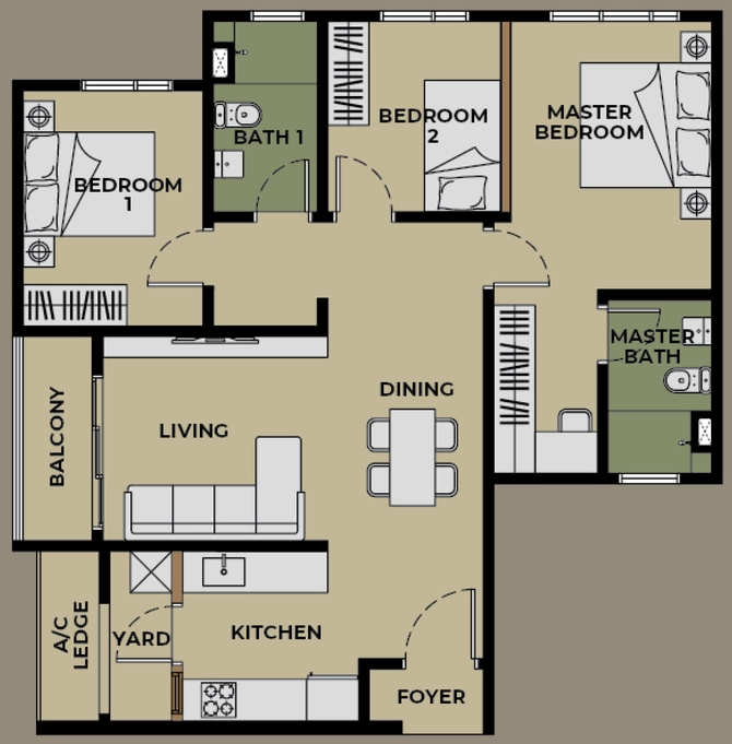 The Aldenz Type C 926sqft 3 bedroom 2 bathroom layout plan Damansara Perdana