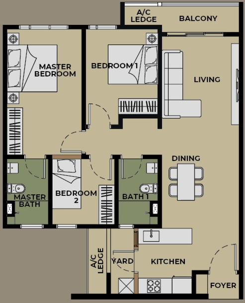 The Aldenz Type B 926sqft 3 bedroom 2 bathroom layout plan Damansara Perdana