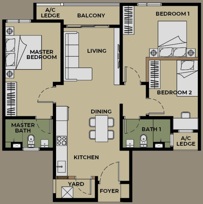 The Aldenz Type D 926sqft 3 bedroom 2 bathroom layout plan Damansara Perdana