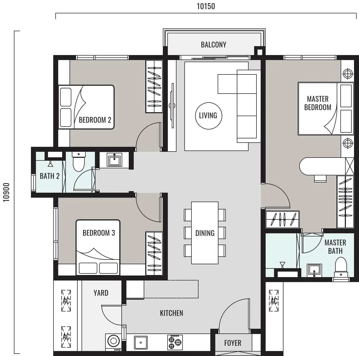 Han-Ya Wahyu Type C floor plan, 1030 sq ft 3 bedroom 2 bathroom