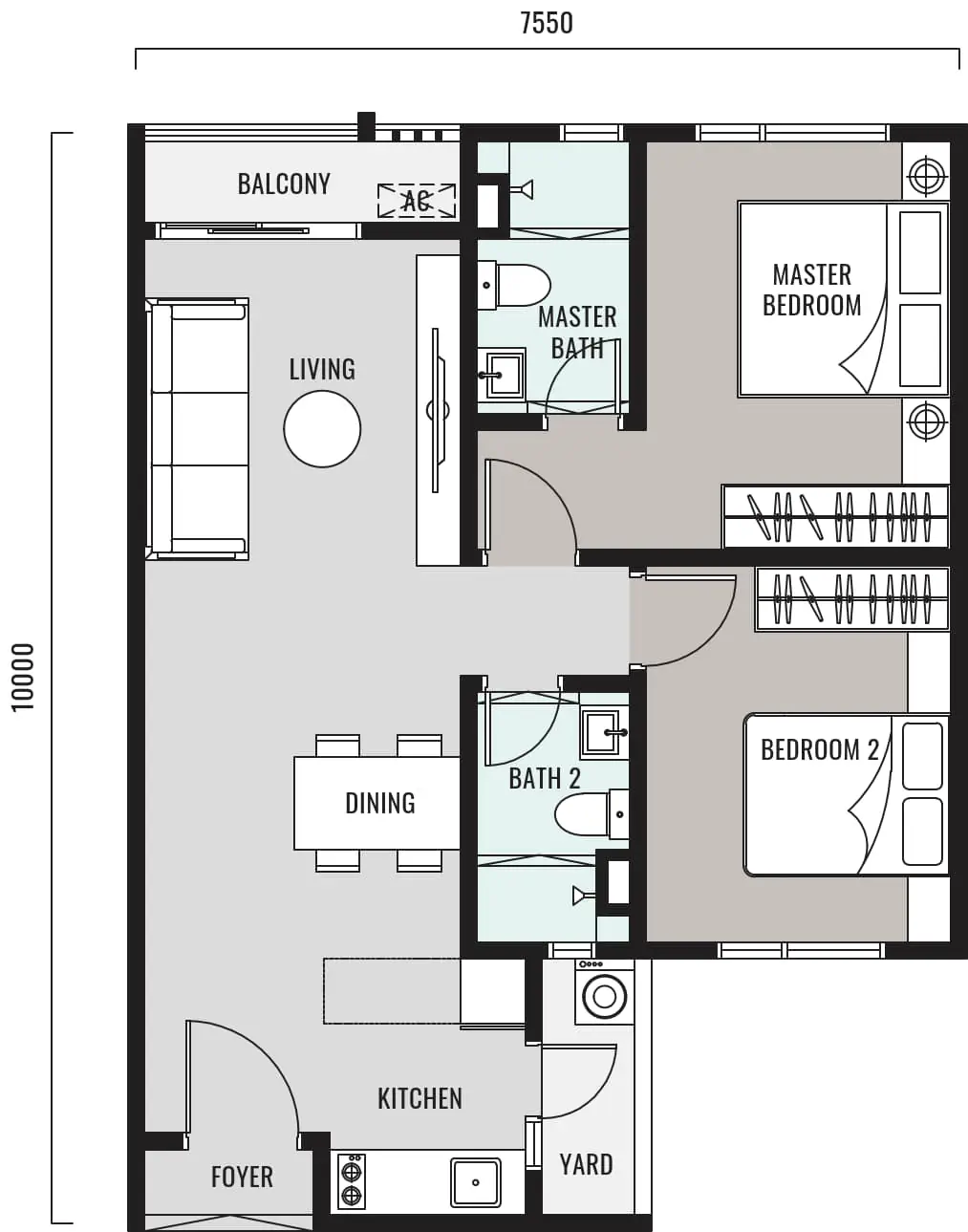 Han-Ya Wahyu Type A floor plan, 735 sq ft 2 bedroom 2 bathroom