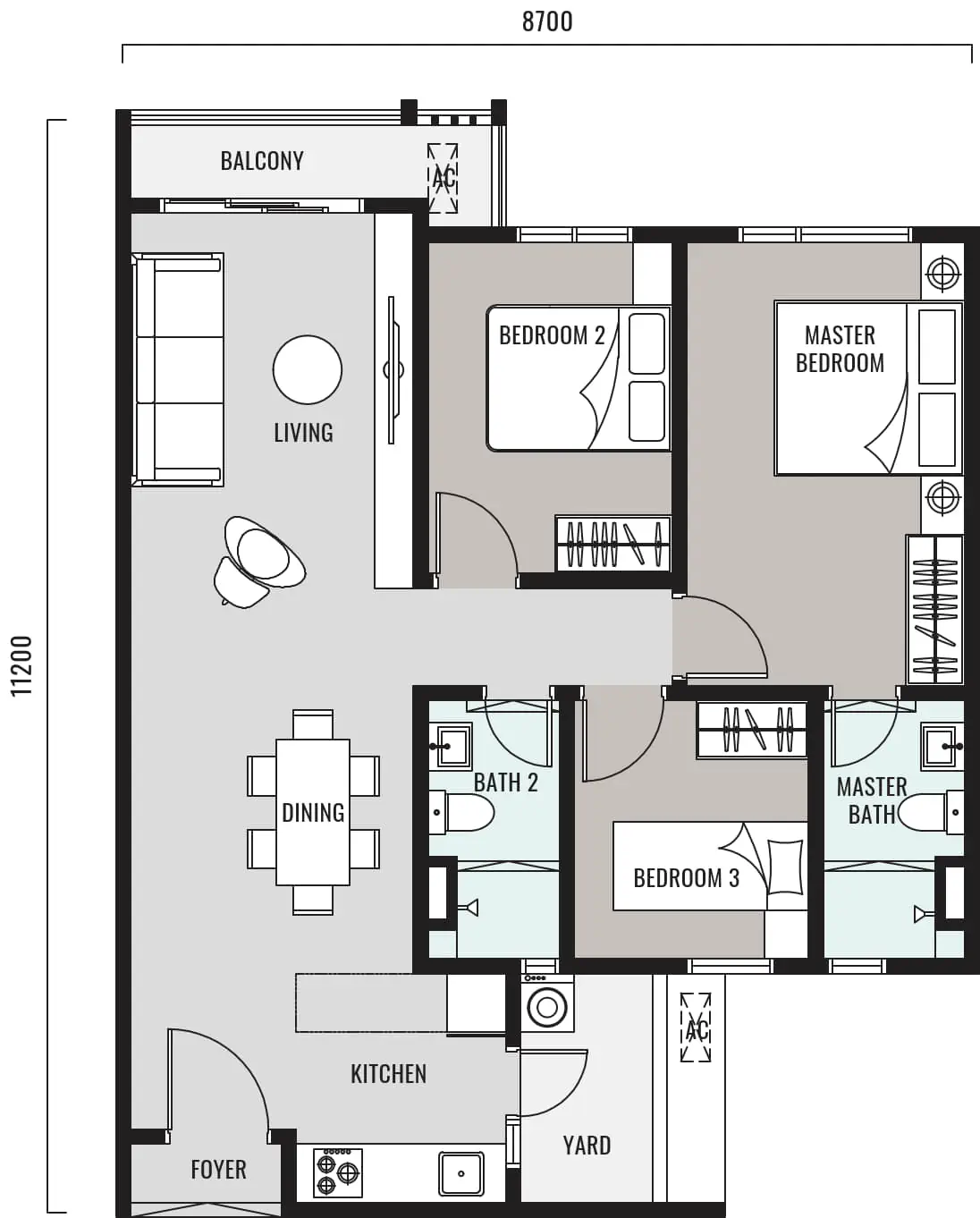 Han-Ya Wahyu Type B floor plan, 900 sq ft 3 bedroom 2 bathroom